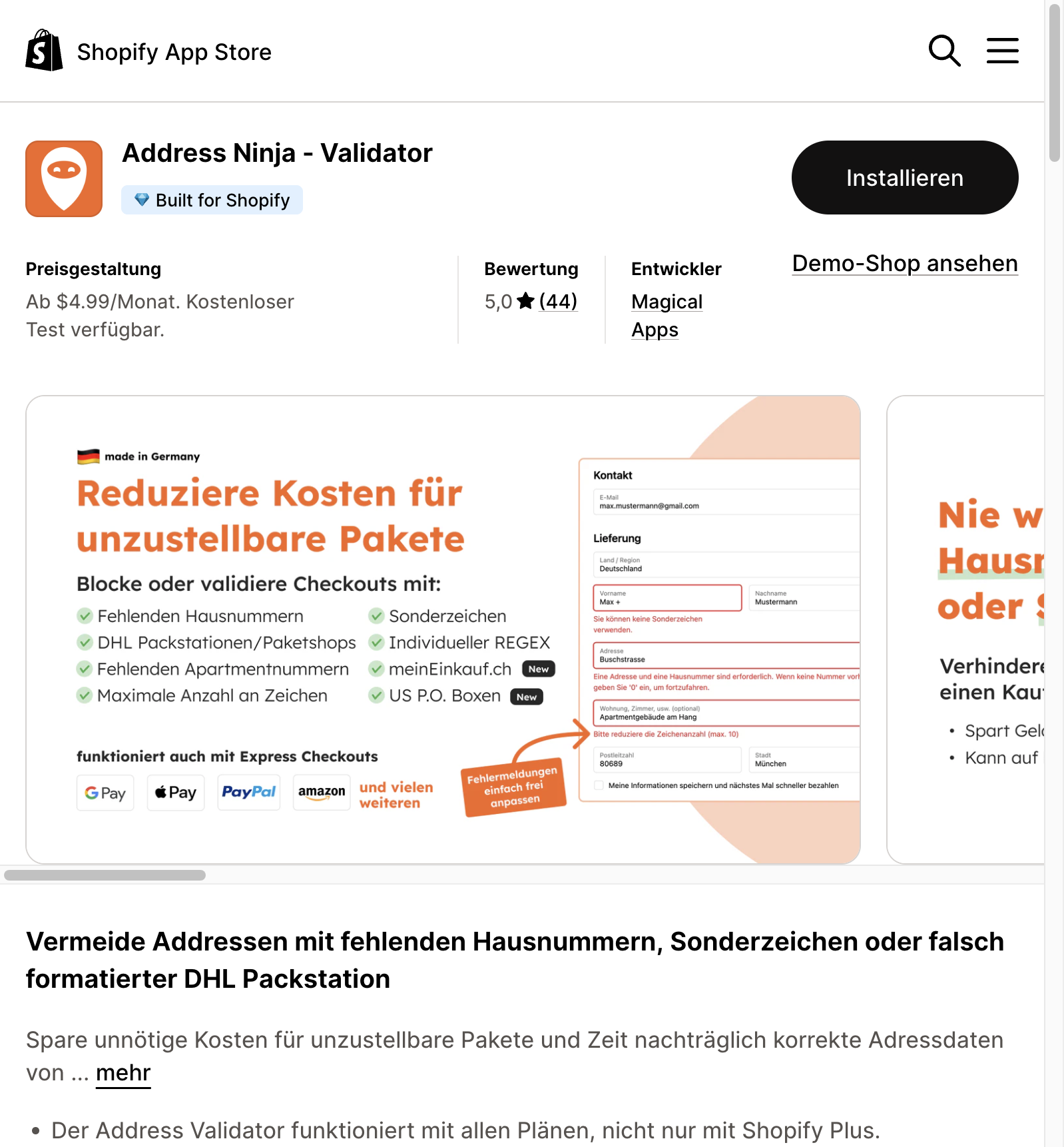 Address Ninja im Shopify App Store – Built for Shopify zertifiziert