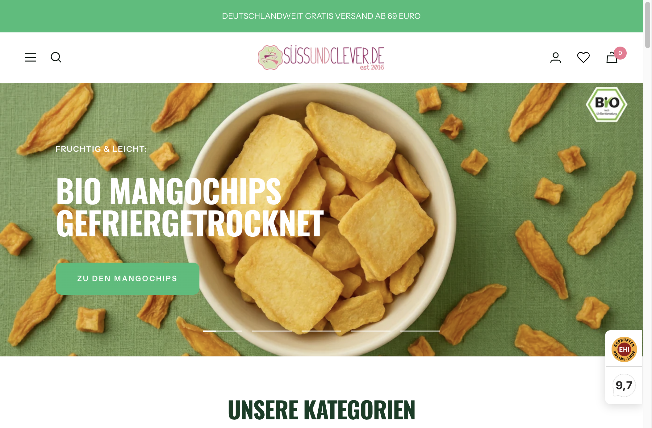 Süß und Clever Website Screenshot – Bio-Onlineshop
